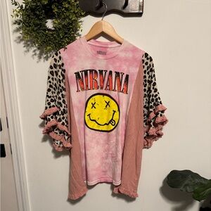 Reworked NIRVANA Pink Tie-Dye Smile Graphic Tee with Leopard Ruffle Sleeves